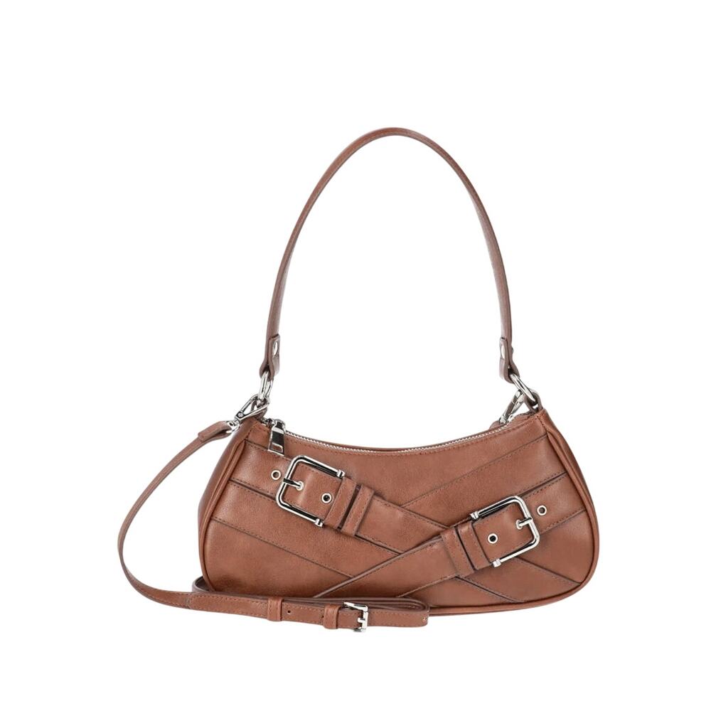 No Boundaries Fashion Shoulder Bag, Brown Faux Leather with Silver Buckle NWT
